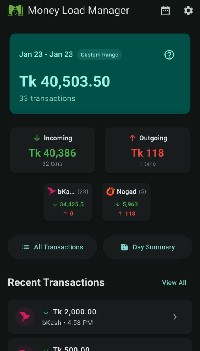 Flutter , Money Load Manager